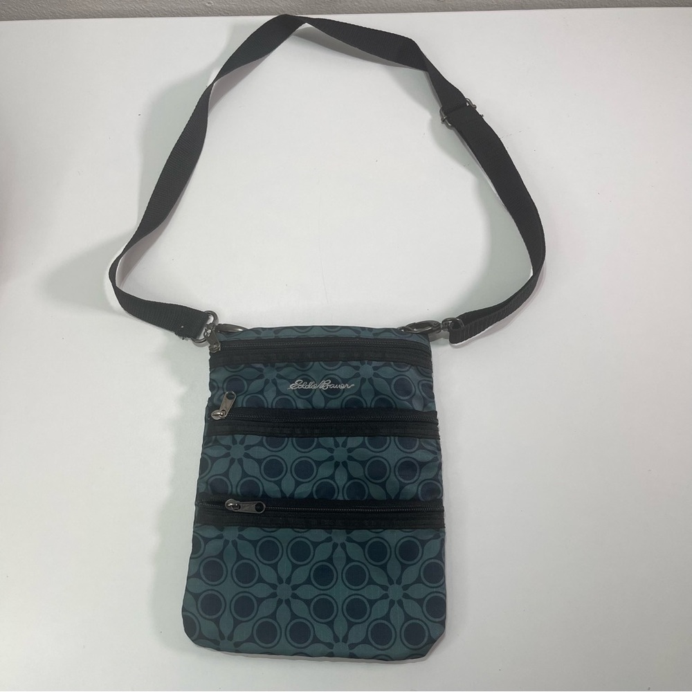 Eddie Bauer  Blue Green Floral  3Zip Travel Bag Light Crossbody Organizer Casual